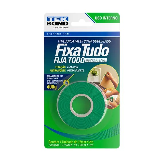 FITA DUPLA FACE ACRILICA VERDE 12 MM X 2 M INTERNO BLISTER - TEK BOND