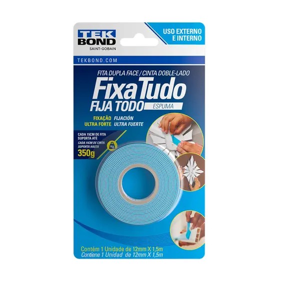 FITA DUPLA FACE ESPUMA 12 MM X 1,5 M BLISTER - TEK BOND