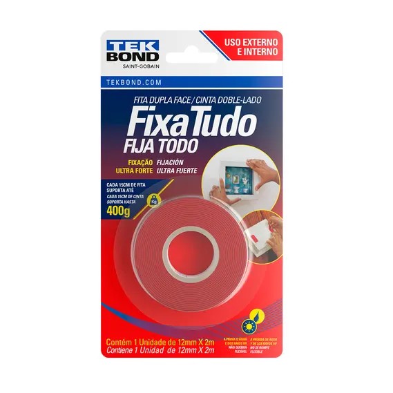 FITA DUPLA FACE ACRILICA VERMELHO 12 MM X 2 M EXTERNO/INTERNO BLISTER - TEK BOND