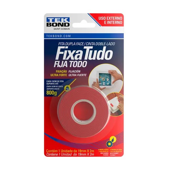 FITA DUPLA FACE ACRILICA VERMELHA 19 MM X 2 M EXTERNO / INTERNO BLISTER - TEK BOND