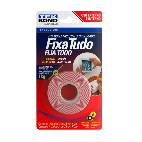 FITA DUPLA FACE ACRILICA VERMELHA 25 MM X 2 M EXTERNO / INTERNO BLISTER - TEK BOND