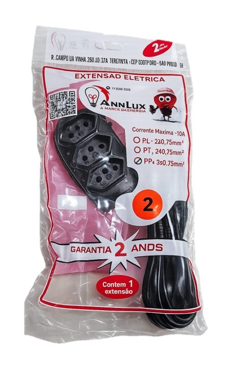 EXTENSAO CABO PP PRETA 03 M 3 TOMADAS 2 PINOS + T 10A (32-1214) - ANNLUX