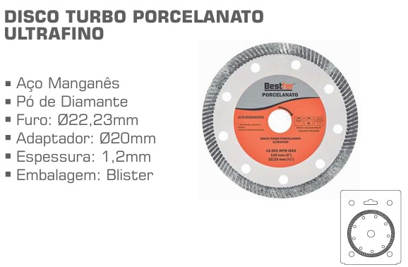 DISCO CORTE DIAMANTADO PORCELANATO 110 MM X 22 MM C/ ANEL 20 MM FINO (BFH1861)- BESTFER